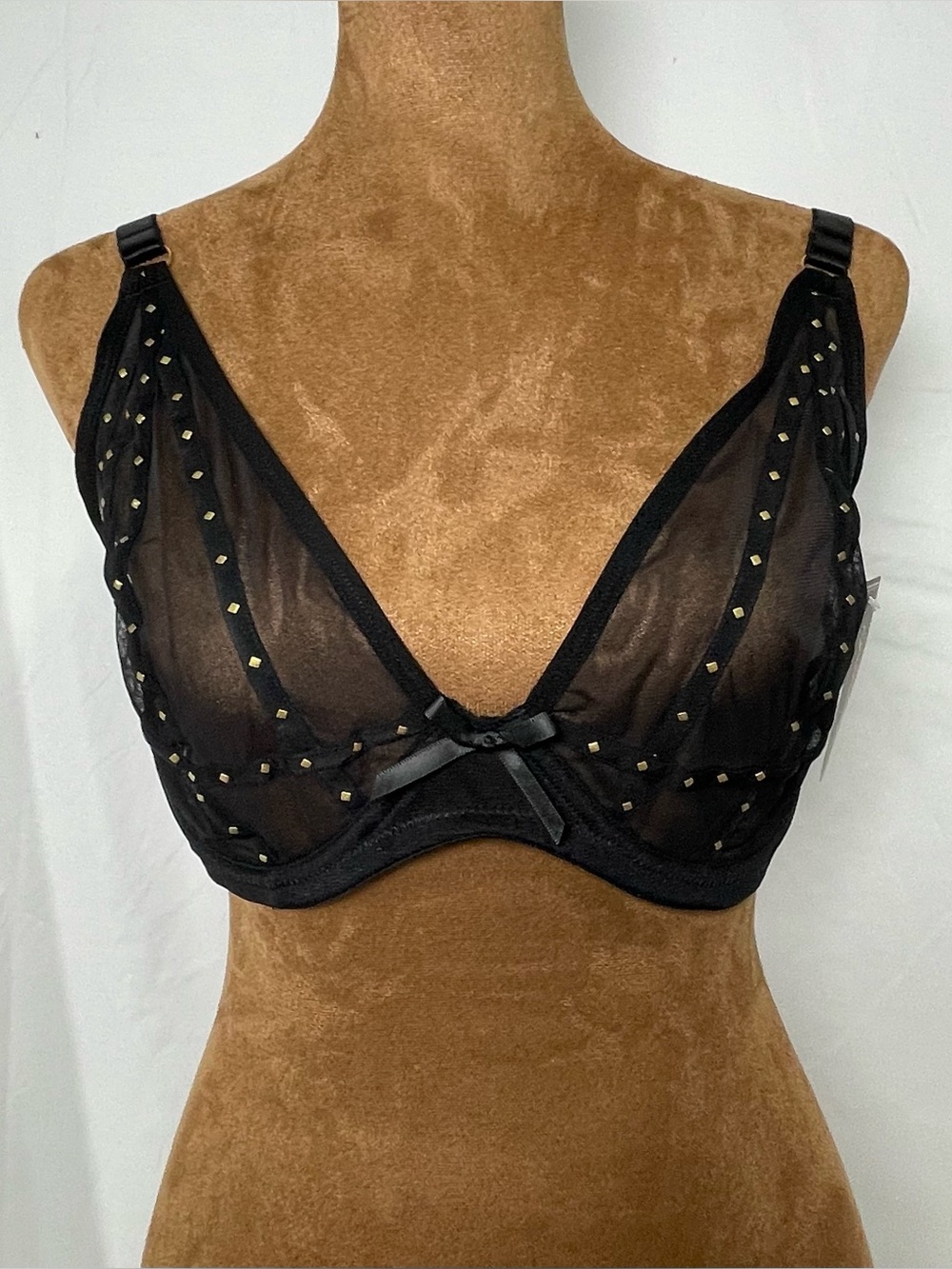Frederick's of Hollywood Black Sheer Mesh Underwire Bra with Gold Studs 34F